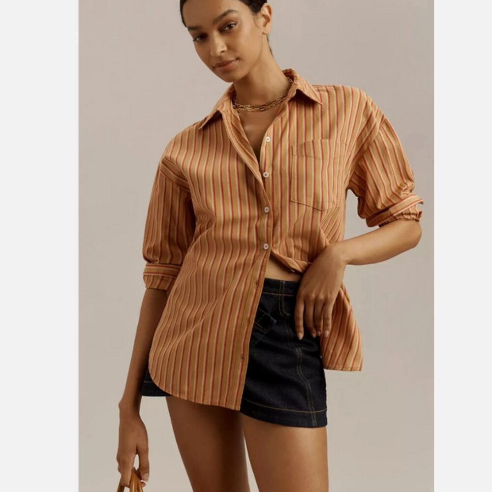 Anthropologie Striped Button-Down Shirt in Rust and Cream